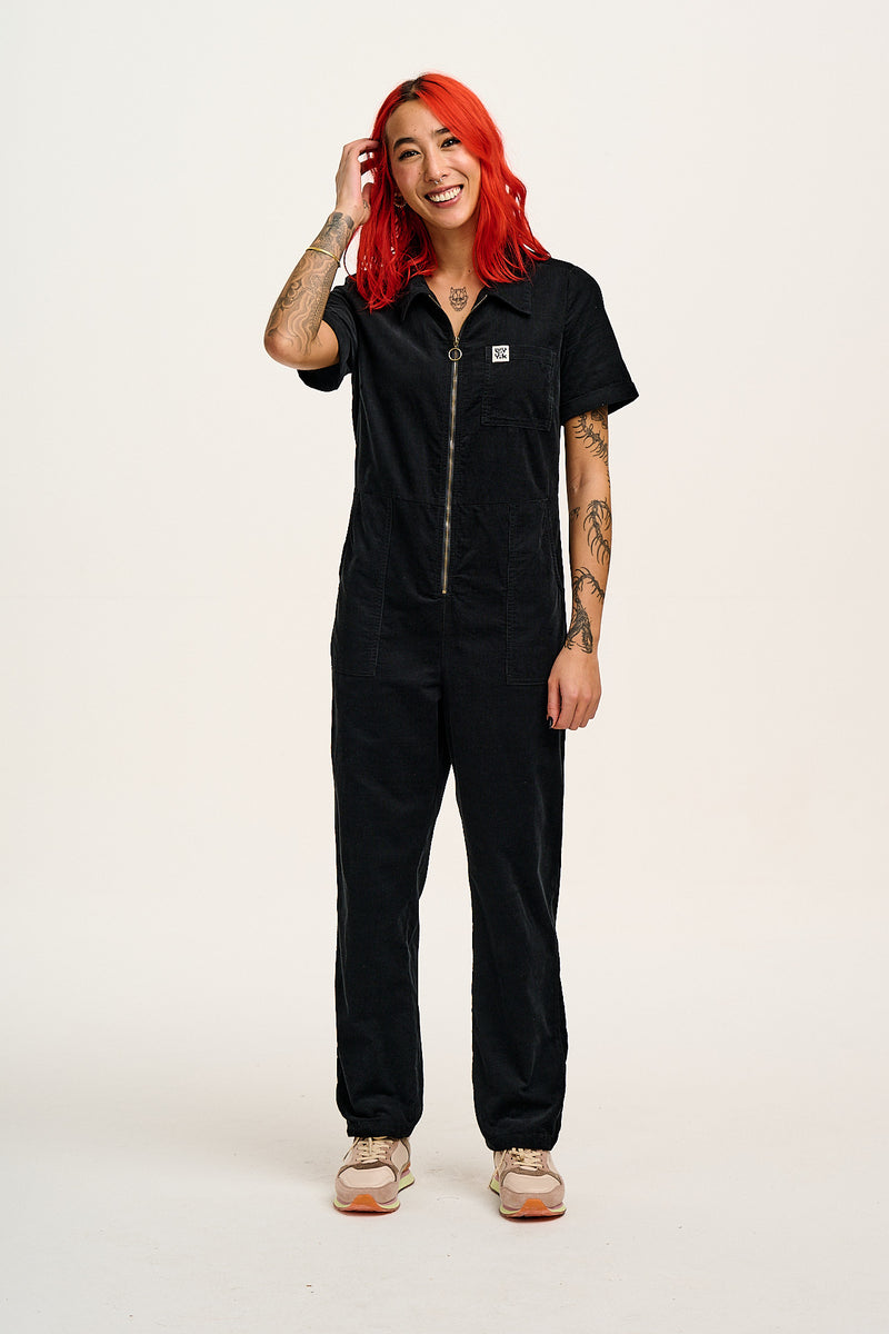 Rex - Short Sleeve Corduroy Jumpsuit in Black (POS)