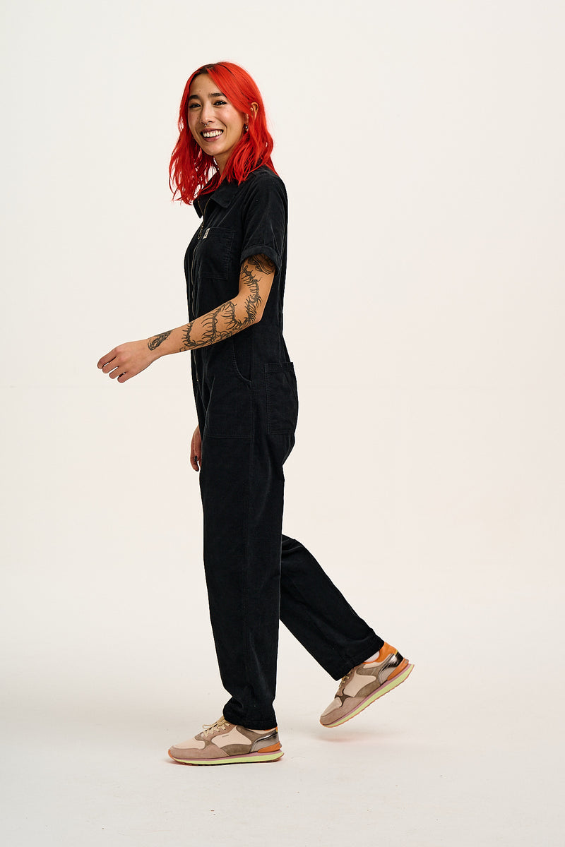 Rex - Short Sleeve Corduroy Jumpsuit in Black (POS)