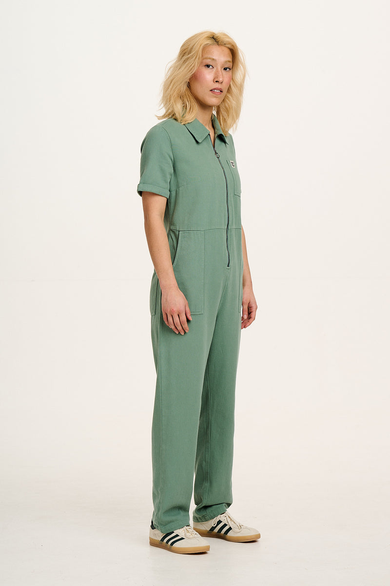Rex - Short Sleeve Cotton Jumpsuit in Green Bay (POS)