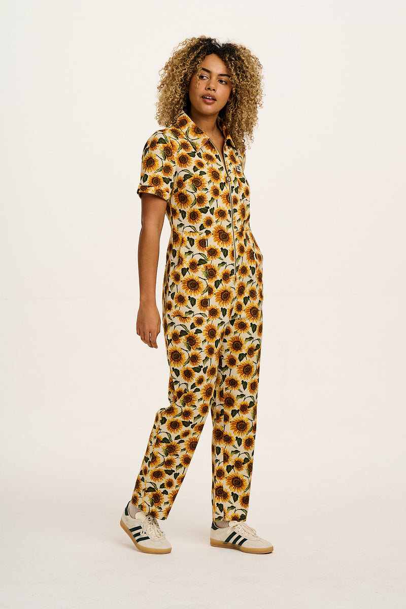 Rex - Short Sleeve Cotton Jumpsuit in Cream Sunflower Print (POS)