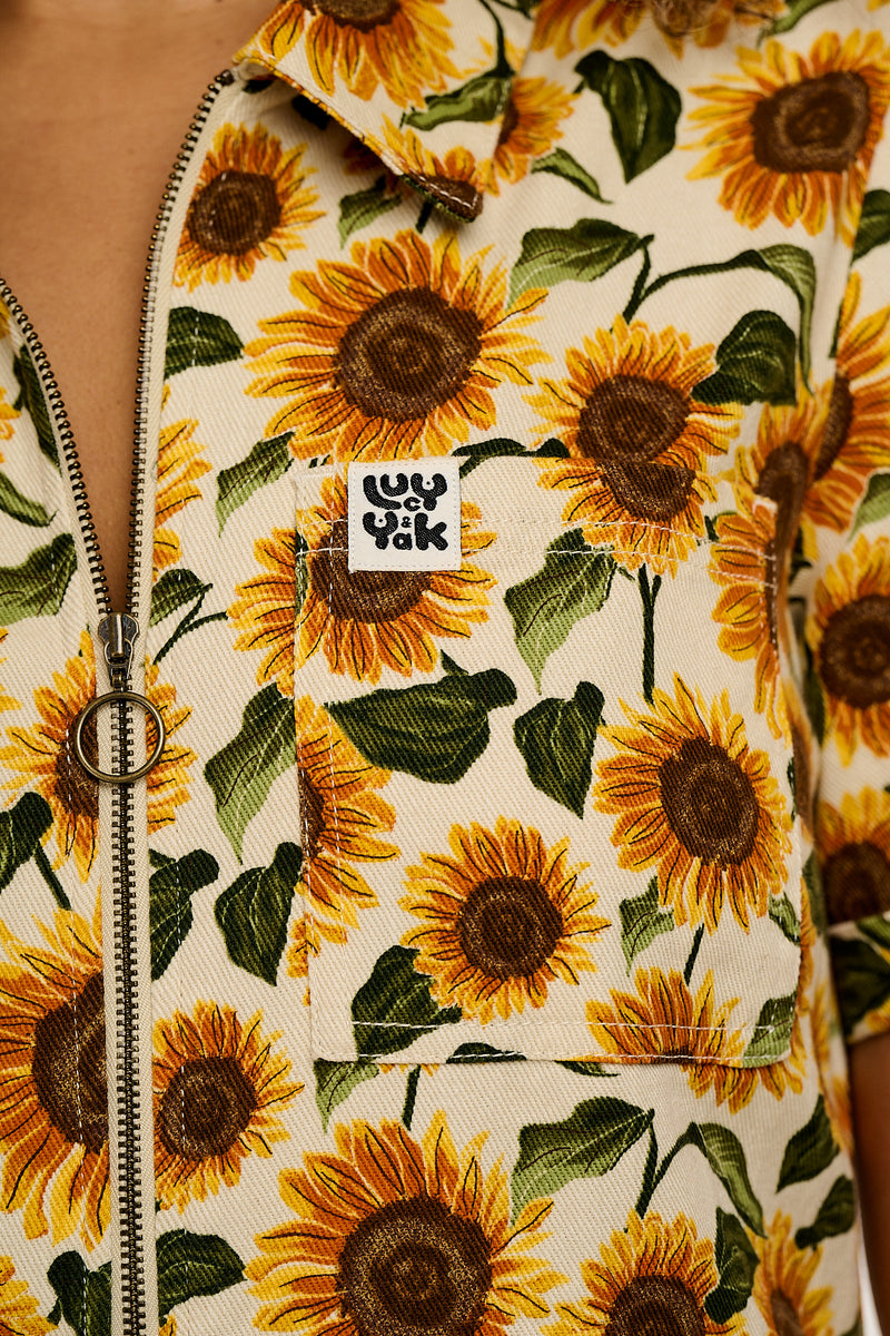 Rex - Short Sleeve Cotton Jumpsuit in Cream Sunflower Print (POS)