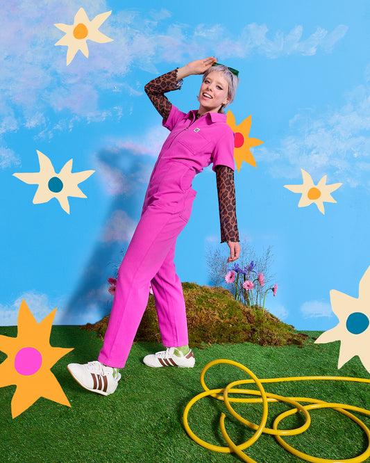 Rex - Short Sleeve Cotton Jumpsuit in Dahlia Pink (POS)