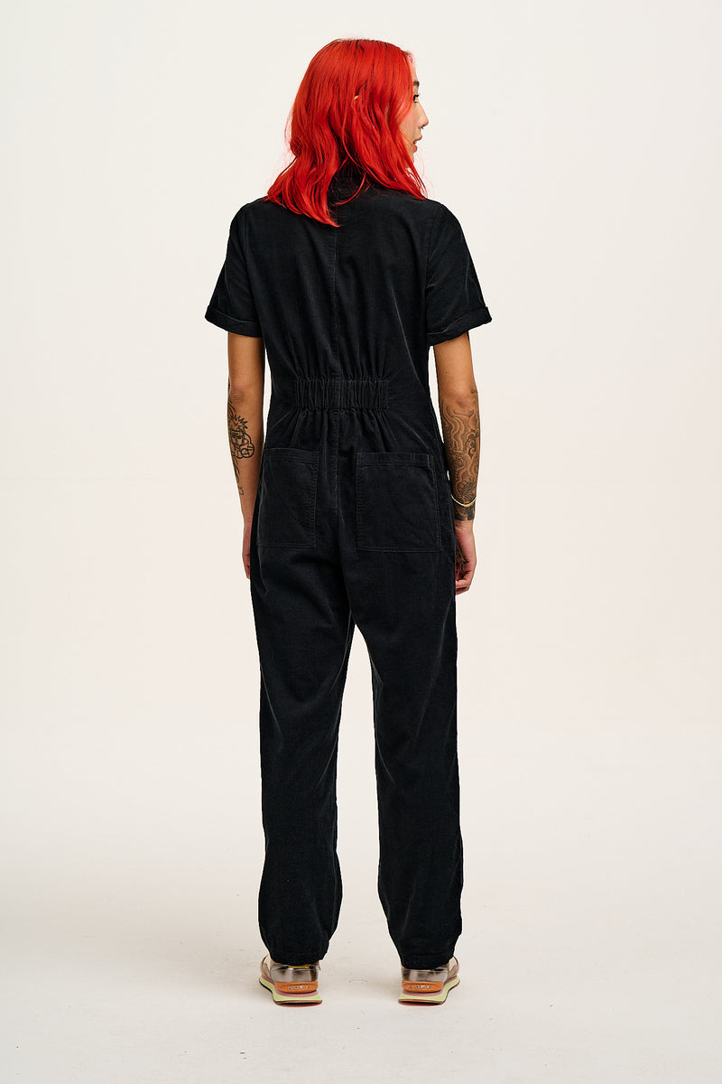 Rex - Short Sleeve Corduroy Jumpsuit in Black (POS)