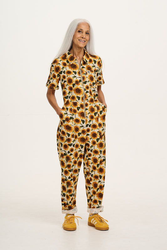 Rex - Short Sleeve Cotton Jumpsuit in Cream Sunflower Print (POS)