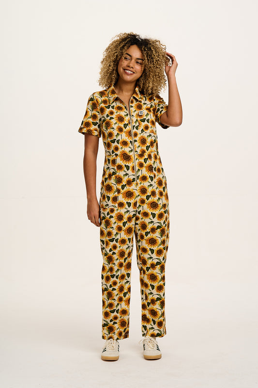 Rex - Short Sleeve Cotton Jumpsuit in Cream Sunflower Print (POS)